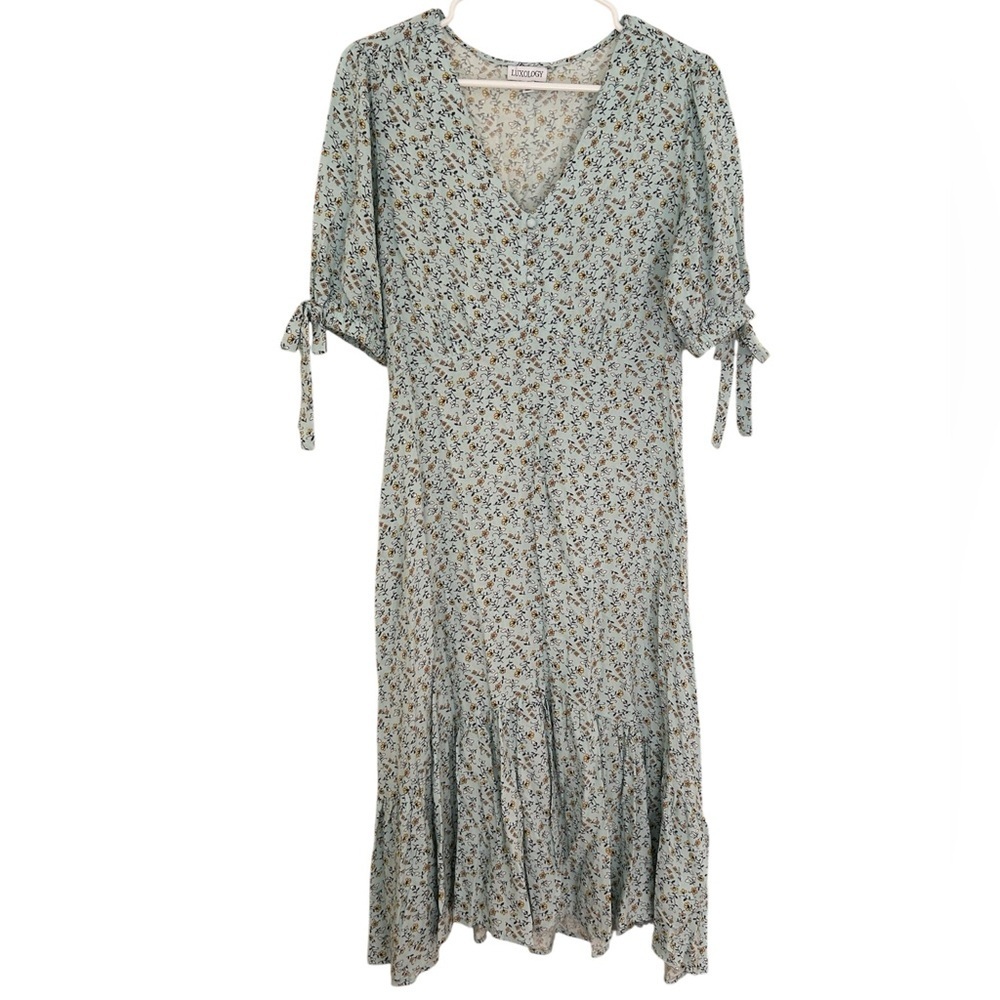 Luxology Floral Button Front Tie Sleeve Dress,  Light Blue Multi, Size S